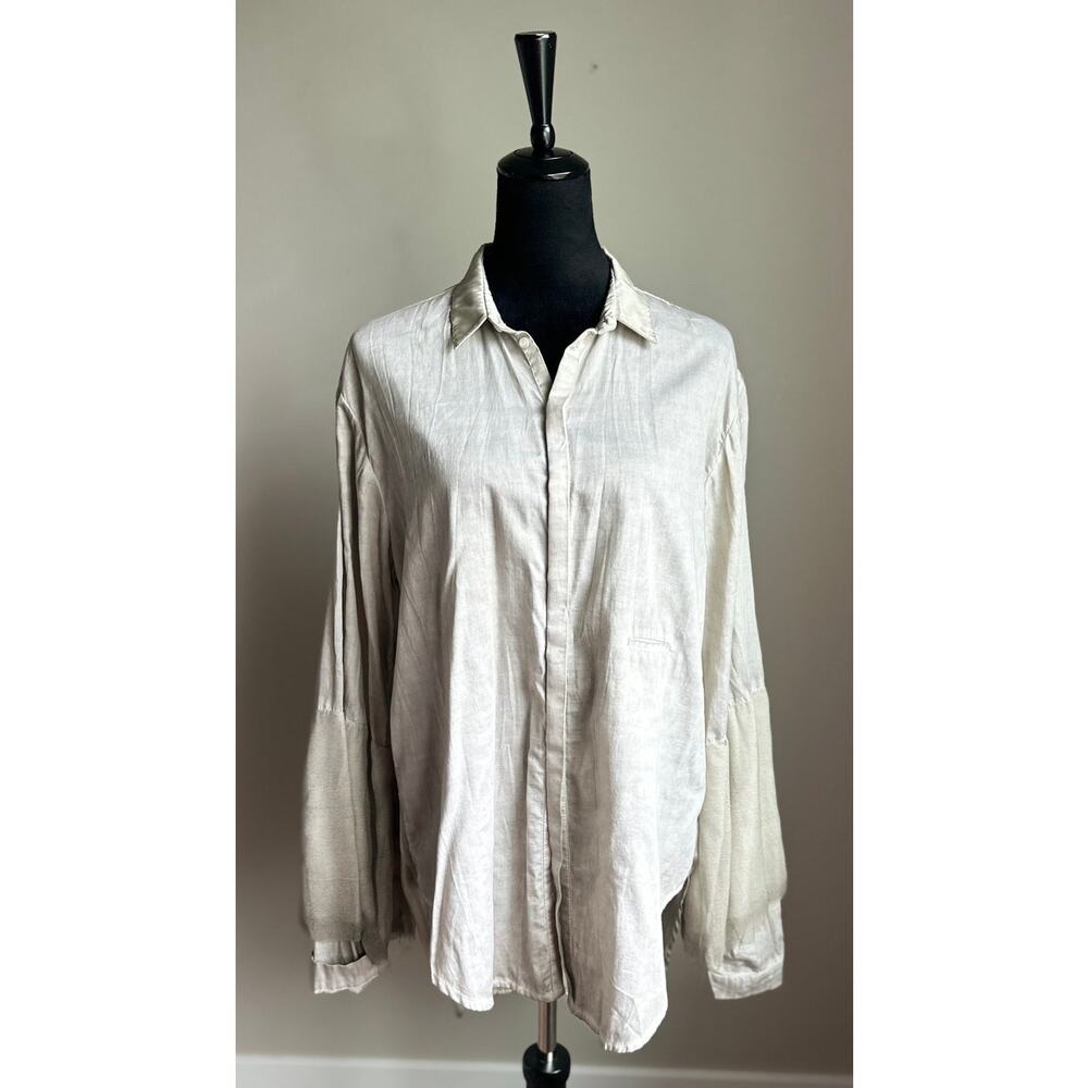 UMIT UNAL Distressed Silk Oversized Balloon Sleeve Shirt in Gray Size L